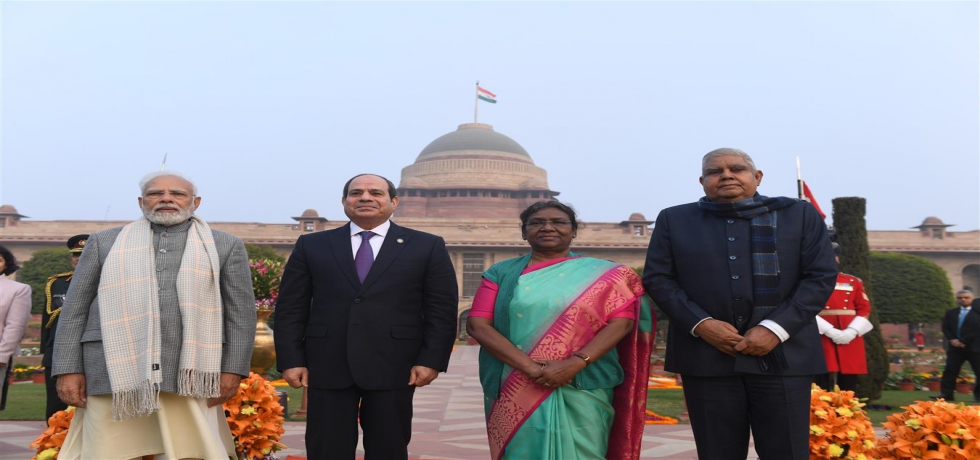 The President of Arab Republic of Egypt, H.E. Mr. Abdel Fattah El Sisi during the 'At Home' function hosted by The President of India, H.E. Smt Droupadi Murmu at Rashtrapati Bhavan on the occasion of the 74th Republic Day Celebrations on January 26, 2023.